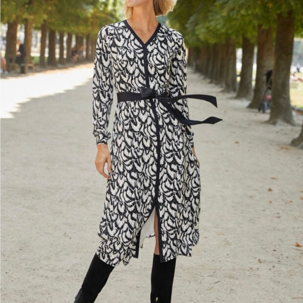 NEW Talbots Long Sleeve Printed Dress Gathered Feathers Print